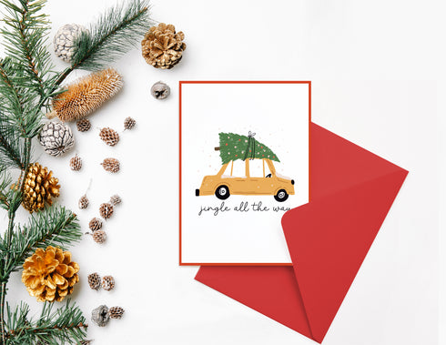 Jingle all the way car and Christmas tree  Christmas Card, Set of 5